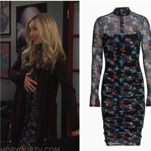 Alice + Olivia Dresses & Skirts - NWT ALICE + OLIVIA DELORA FLORAL RUCHED STRETCH MESH BLACK BODY-CON DRESS 10